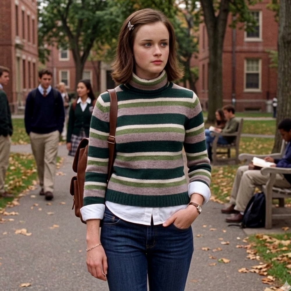 American Eagle M Green Striped Lambswool Knit Turtleneck Y2K Preppy Rory Gilmore